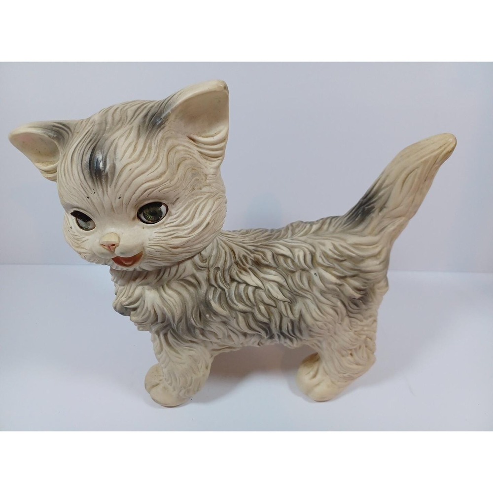 Vtg 1960 Edward Mobley Cat Rubber Toy Gray Long‎ Haired Eyes Open Close Poseable
